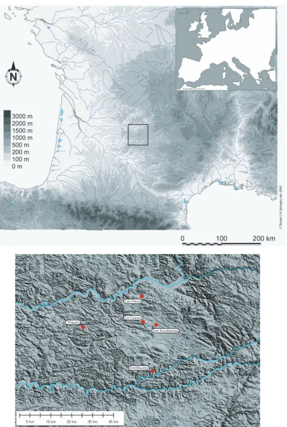 fig. 2 : Cartes de localisation du Haut Quercy et des gisements mentionnés dans le texte.