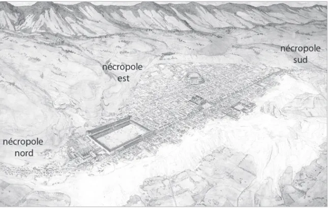 Fig. 1 : Organisation urbaine de Hiérapolis, vue depuis le Nord-Ouest (Golvin 2005, p