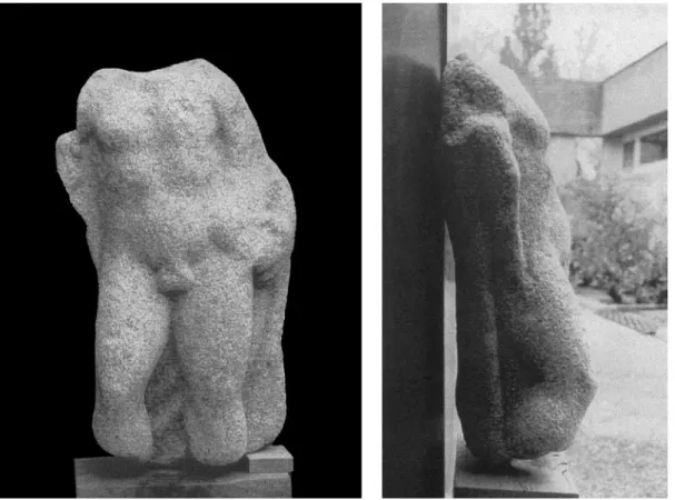 Figure 2 : Statue de Neptune en granite découverte au Ris en Douarnenez ;  vue de face et vue de profil droit (cl