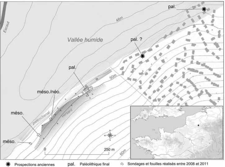 Fig. 1 – Proville (Nord), « le Bois Chenu ». Situation géographique du gisement et plan général des lieux d’observations sur la rive  orientale de l’Escaut.