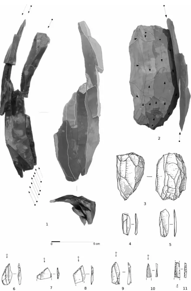 Fig. 4 – Proville (Nord), « le Bois Chenu », Paléolithique final, industrie lithique. 1 : remontage de la série laminaire de l’ensemble  1 ; 2 : remontage d’une série de deux lames sur nucléus laminaire bipolaire (ensemble 1) ; 3 : nucléus à lamelles ; 4-5