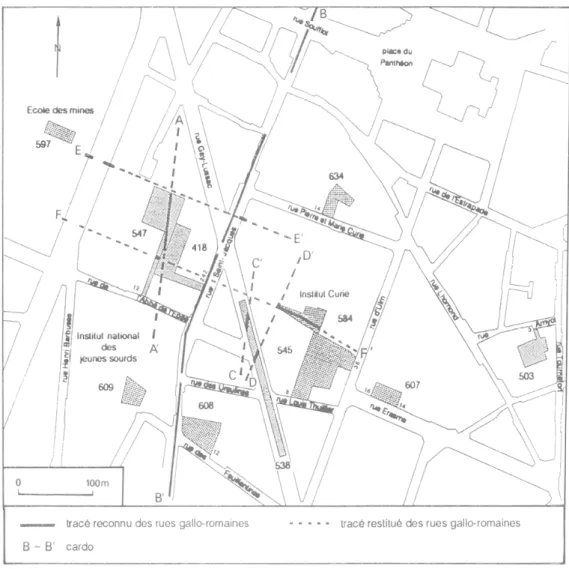 Fig.  1  — Situation des fouilles réalisées dans le quartier et implantation des rues antiques