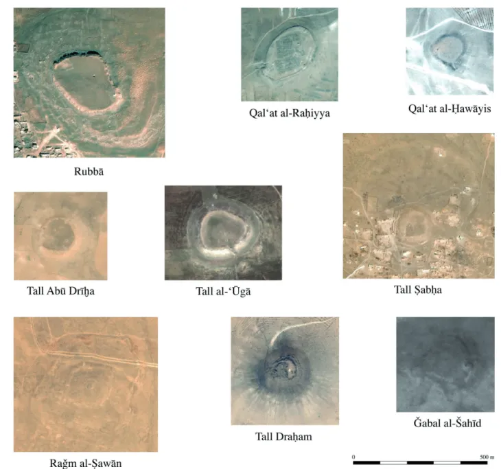 Fig. 5 – Images satellites (Google Earth et Corona) des forteresses avérées et supposée ( ø abal al-Šah Ħ d).