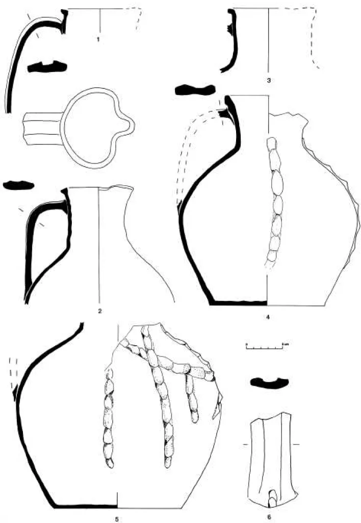 Fig. 5 : Céramique en pâte grise calcaire 2. Les n° 1-3 et 5-6 proviennent du puits, le n° 4 d'origine inconnue est conservé au Musée Languedocien, (M