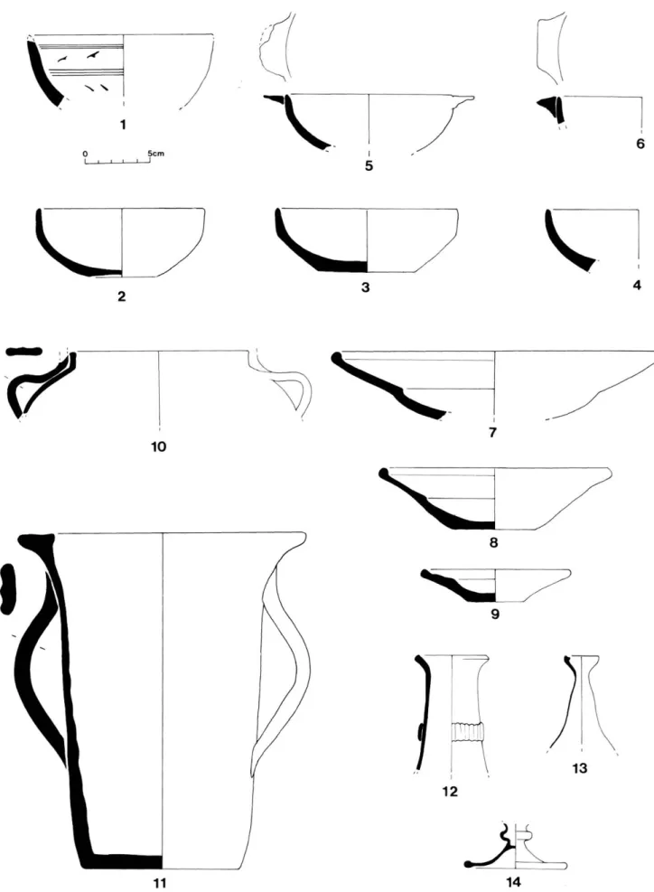 Fig. 3  :  Céramique engobée et glaçurée, 2e moitié XVIe siècle. 1  :  Pise ;  5  à 1  1  :  Fréjus ;  12-14 :  verres