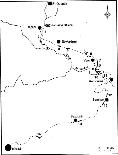 Figure 2. Aqueduc de Nîmes : localisation des tronçons où des concrétions ont été étudiées (Guendon &amp; 
