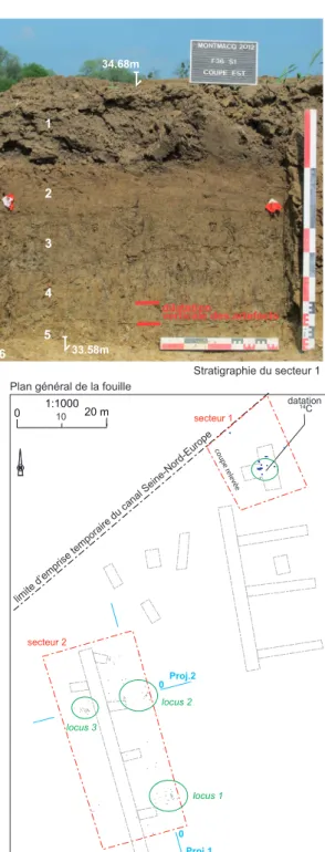 Fig. 1 – Localisation et plan général du site, projections verticales du secteur 2 (crédits INRAP).