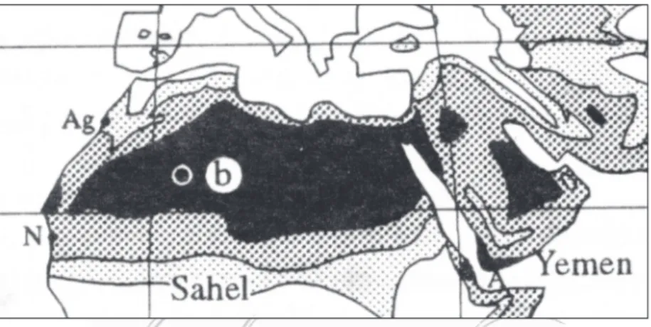 Fig. 4. La zone climatique intertropicale : climat méditerranéen vrai (blanc) :  zones  semi arides (gris clair), arides (gris foncé) et hyperarides (noir) (d’après Vigneau 2000, 182).