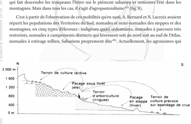 Fig. 8 .Transhumance dans les Aurès. Le finage de la tribu de l’Ahmar Khaddou comprend quatre terroirs échelonnés  des crêtes (alt. 1700 m) au piémont saharien (alt
