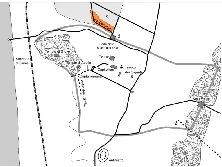 Fig. 2. Localisation des découvertes de creusets sur le site de Cumes (plan CJB)