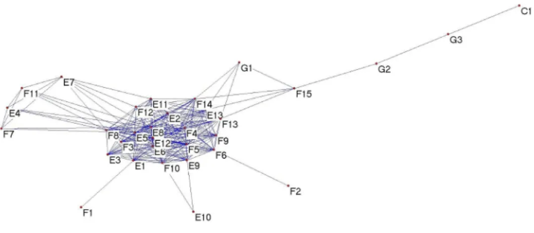 Fig .10 : Représentation de Fruchterman-Reingold (force-directed diagram) pour les 32 gravures  de la roche de Bedolina 1 en fonction de leur degré (degree centrality).