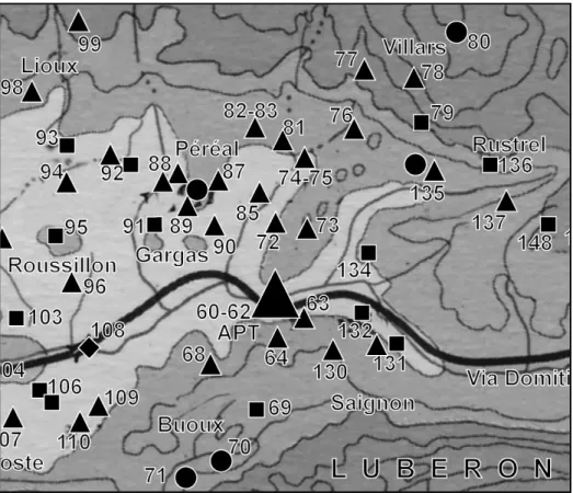 Fig. 14 - Carte de répartition des sites autour d’Apt : triangle : lieu de culte (certain, probable ou présumé) ; cercle : oppidum, site perché ; carré: