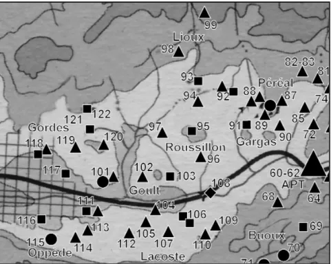 Fig. 22 - Carte de répartition des sites : triangle : lieu de culte ; cercle : oppidum, site perché ; carré: autre habitat (de l’époque romaine).
