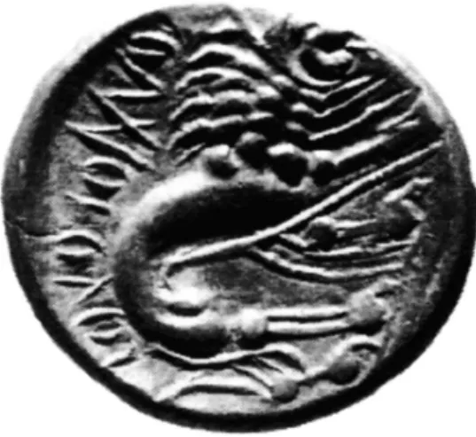 Fig. 1 - Revers d’une drachme padane de la région des Insubres, avec la legende  toutiopouos  et un lion « celtisé » (Pautasso 1962 ; Arslan 1994).