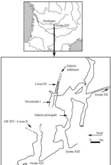 Figure 1. Carte de localisation et plan des grottes XIII et XIV 