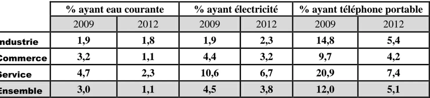 Tableau 7 : Précarité des services des UPI en 2009 et 2012 par secteur d’activités 