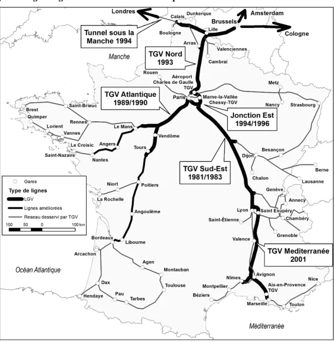 Figure 1. Lignes à grande vitesse et réseau classique en France en décembre 2007 