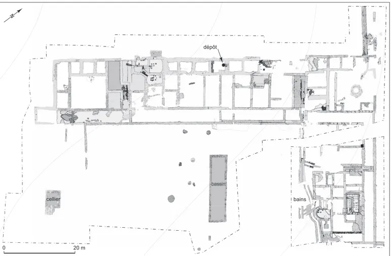 Fig. 3 – Plan général de la villa de Merbes-le-Château avec l’emplacement du dépôt (relevés et DAO : CReA-Patrimoine, ULB et DGO4, SPW).