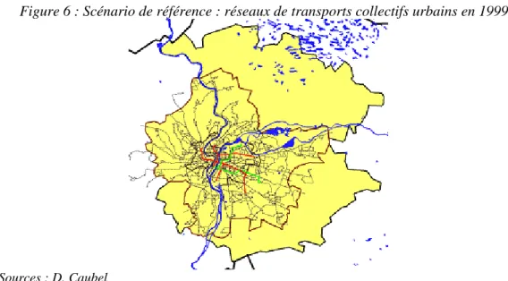Figure 6 : Scénario de référence : réseaux de transports collectifs urbains en 1999 