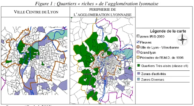 Figure 1 : Quartiers « riches » de l’agglomération lyonnaise  V ILLE  C ENTRE DE  L YON PERIPHERIE DE 