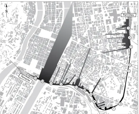 Figure  2  :  Profondeurs  de  champ  visuel  à  partir  de  la  ligne  de  train  Lyon  Part-Dieu  -  Lyon  Perrache