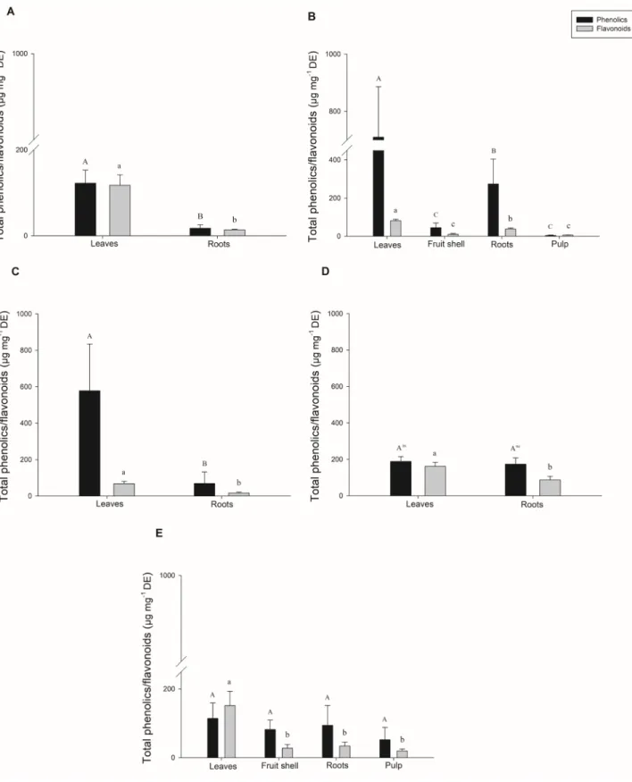 Figure 3.  Total phenolic (black bars) and flavonoid (gray bars) contents in Passiflora edulis in various developmental stages