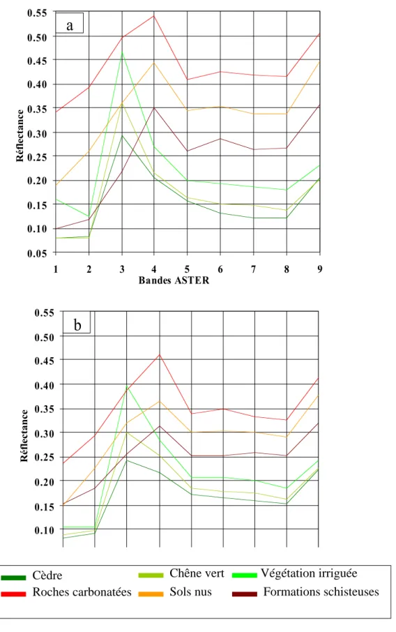 Figure 5 : Signatures prototypes extraites à partir de l’image ASTER par les méthodes de l’AEI (a) et de l’indice PPI (b)