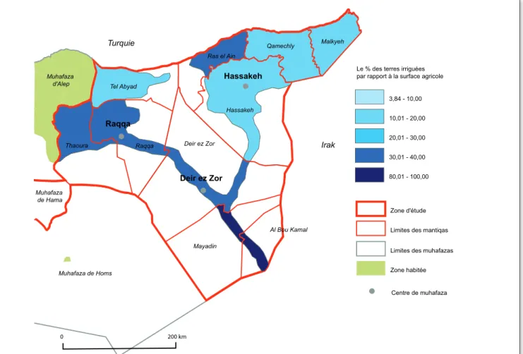 Fig. 1 - La part des terres irriguées dans le Nord-Est syrien en 2009 - Conception : Fabrice Balanche, 2012 - Source : ministère de l’Agriculture, 2010.