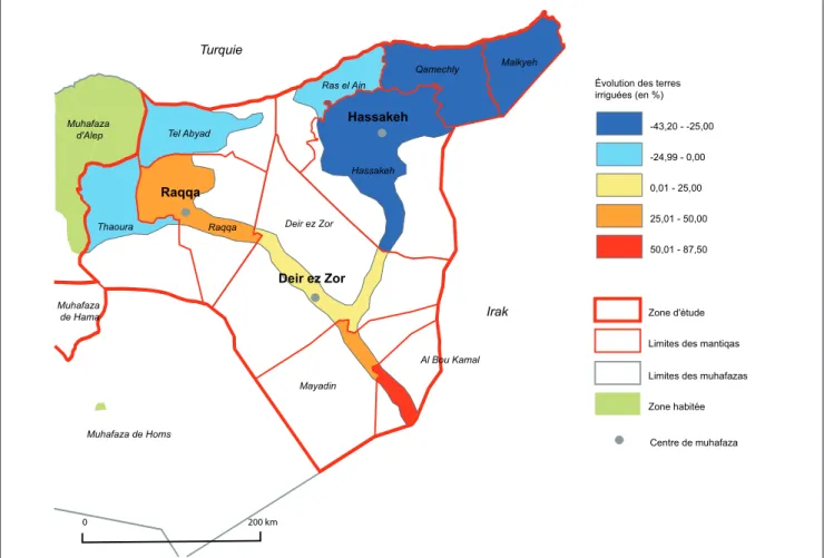 Fig. 3 - L’évolution des terres irriguées dans le Nord-Est syrien 2001-2009 - Conception : Fabrice Balanche, 2012 - Source :  ministère de l’Agriculture,  Damas, 2010.