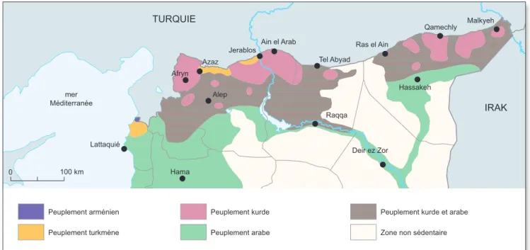 Fig. 6 - Le peuplement kurde en Syrie du Nord - Conception :  Fabrice Balanche, d’après l’étude des toponymes