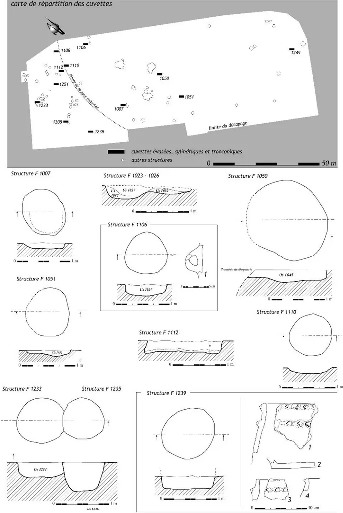 Fig. 8 – a : carte de répartition des cuvettes ; b : plan et coupe des structures, dessin du mobilier associé (DAO : P