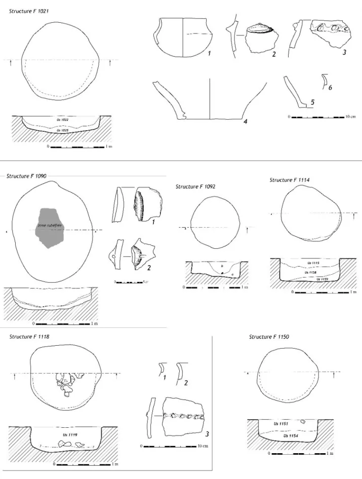 Fig. 10 – Plan et coupe des fosses cylindriques, dessin du mobilier associé (DAO : P. Combes/L