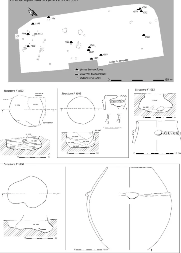 Fig. 13 – a : carte de répartition des fosses tronconiques ; b : plan et coupe des structures, dessin du mobilier associé (DAO : P