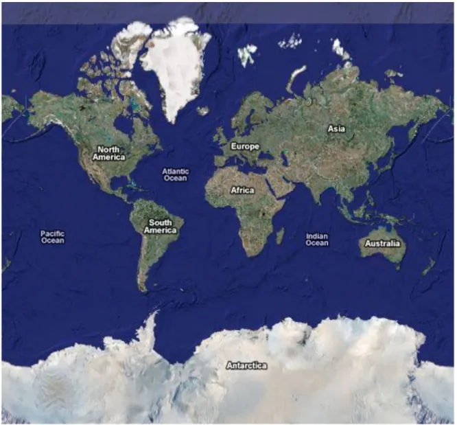Fig. 4. Copie d’écran Planisphère Google Maps version Satellite Un fonctionnement basé sur un système de «tuiles» juxtaposées