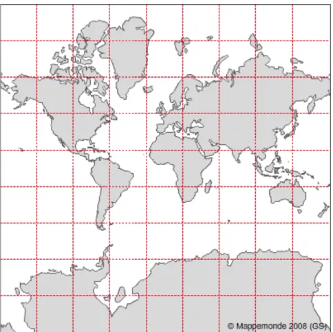 Fig. 5. Projection de Mercator, centrée sur le méridien zéro.