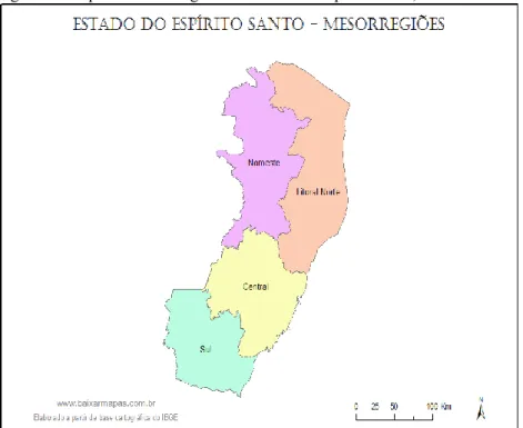 Figura 1 - Mapa das Mesorregiões do estado do Espírito Santo, IBGE. 