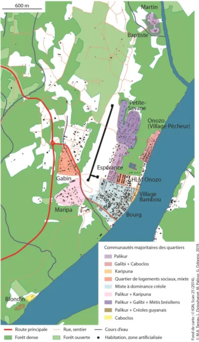 Figure 2. Carte des quartiers de Saint-Georges-de-l’Oyapock dans lesquels ont eu lieu les  enquêtes et des communautés y résidant