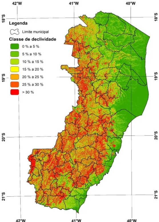 Figura 1. Mapa de classes de declividade do terreno do estado do Espírito Santo. Fonte: autores