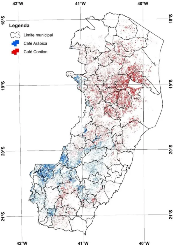 Figura  2.  Distribuição  espacial  das  lavouras  de  café  arábica  (azul)  e  conilon  (vermelho)  no  estado  do  Espírito Santo