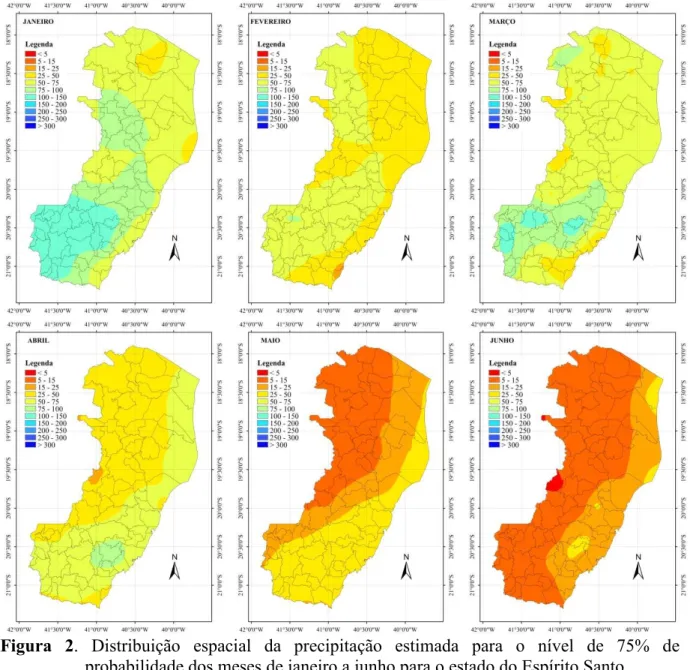 Figura  2.  Distribuição  espacial  da  precipitação  estimada  para  o  nível  de  75%  de  probabilidade dos meses de janeiro a junho para o estado do Espírito Santo