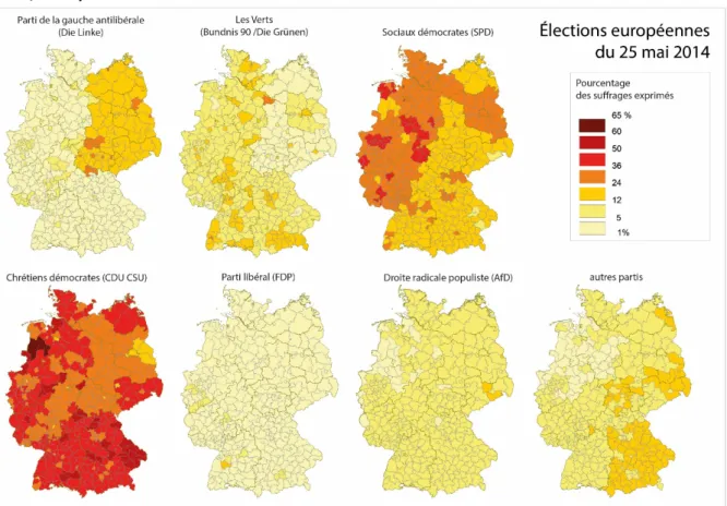 Figure 2 : Résultats locaux  des principaux partis politiques allemands aux élections européennes de  2014, en % par Kreise      Figure 3 : Résultats locaux des principaux partis politiques allemands aux élections européennes de  2019, en % par Kreise   