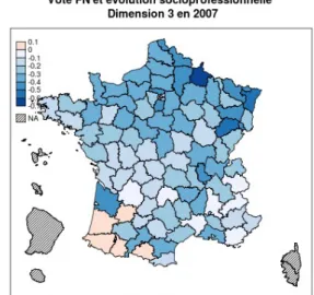 Graphique 32 Carte 32 Graphique 3302040 60 80051015202530Vote FN et logements HLM en 1995Proportion de logements en HLMVote FN P1995T1 Carte 33 vote FN et logements HLM en 19950.20.150.10.050-0.05-0.1NA