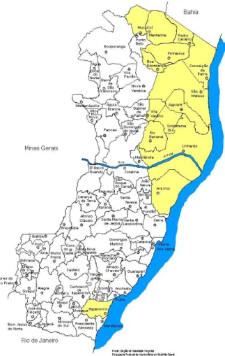 Figura 1 Mapa do Espírito Santo, com destaque da região produtora de mamão localizada  no Norte do Estado
