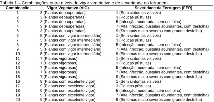 Tabela 1 – Combinações entre níveis de vigor vegetativo e de severidade da ferrugem. 