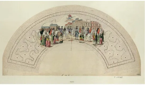 Fig. 2 Feuille d’éventail représentant la proclamation de la Paix signée à Versailles, faite à son de trompe sur la Place Maubert, 1783