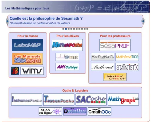 Figura 7. Le site Sésamath, porte ouverte vers un ensemble de ressources. 