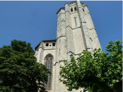 Fig. 4 : La Romieu, l’église Saint-Pierre, détail du chevet et de la tour nord-est. 