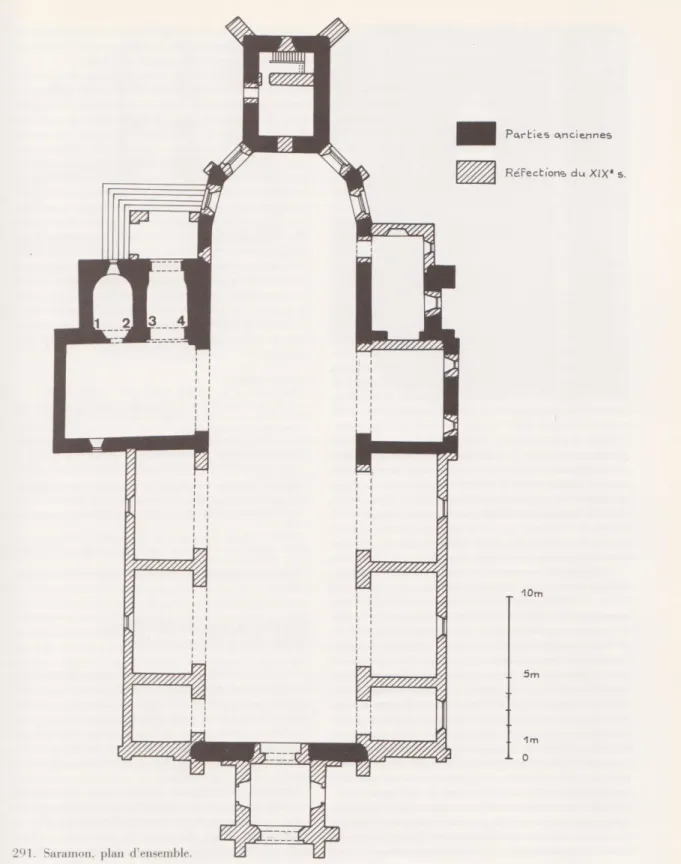 Fig. 9 : Plan de l’église actuelle de Saramon, d’après Jean Cabanot, Les débuts de la sculpture romane dans  le Sud-Ouest de la France, ouvr