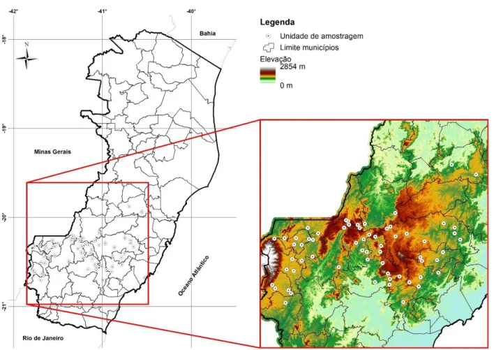 Figura 1 - Localização dos pontos de amostragem de café arábica (Catuaí Vermelho) na região serrana do estado do Espírito Santo