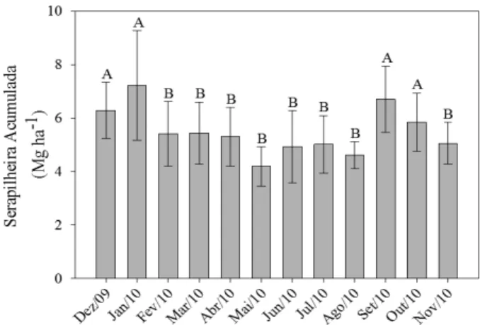 Figura 3 – Variação Temporal no acúmulo de Serapilheira na  Floresta Estacional Semidecidual Submontana, Cachoeiro de  Itapemirim, ES